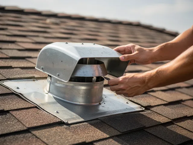 Madison Dryer Vent Cleaning certified technician safely cleaning a roof-mounted dryer vent in Madison